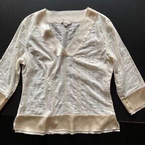 Janeville Womens Medium V-Neck 3/4 Sleeve Cotton Embroidered Blouse Ivory Top